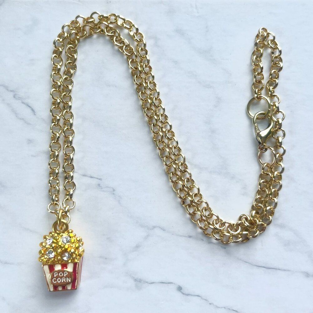 Popcorn Bucket Rhinestone Charm on Gold Chain Necklace